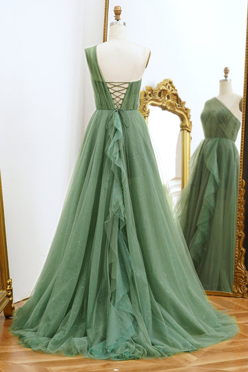 One Shoulder A Line Dark Green Tulle Prom Dress with Ruffles
